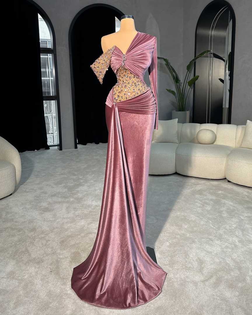 Elegant One Shoulder Mermaid Prom Gown Sexy Beaded Crystal Satin Evening Dresses Floor Length Customized Party Dress