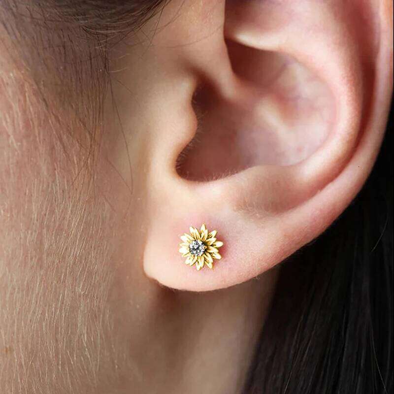 Huitan Dainty Flower Stud Earrings White/Golden Color Fancy Ear Accessories for Women Daily Wear Girls Gift Statement Jewelry