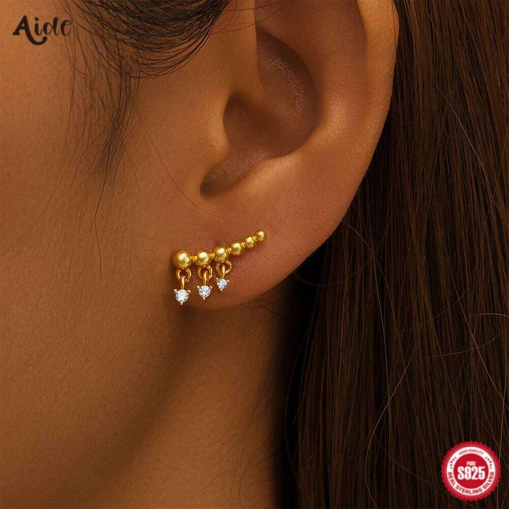 Aide 925 Sterling Silver Beading With Small Zirconia Pendient Piercing Stud Earrings For Women 18K Gold Simple Elegant Jewelry