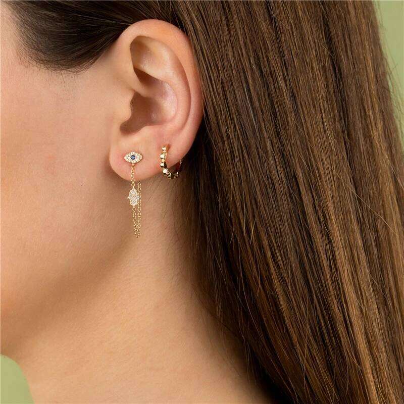 Aide Gold Silver Color Trendy Evil Eye Hamsa Hand Palm Charm Dangle Women Zircon Pave Long Chain Tassel Earrings