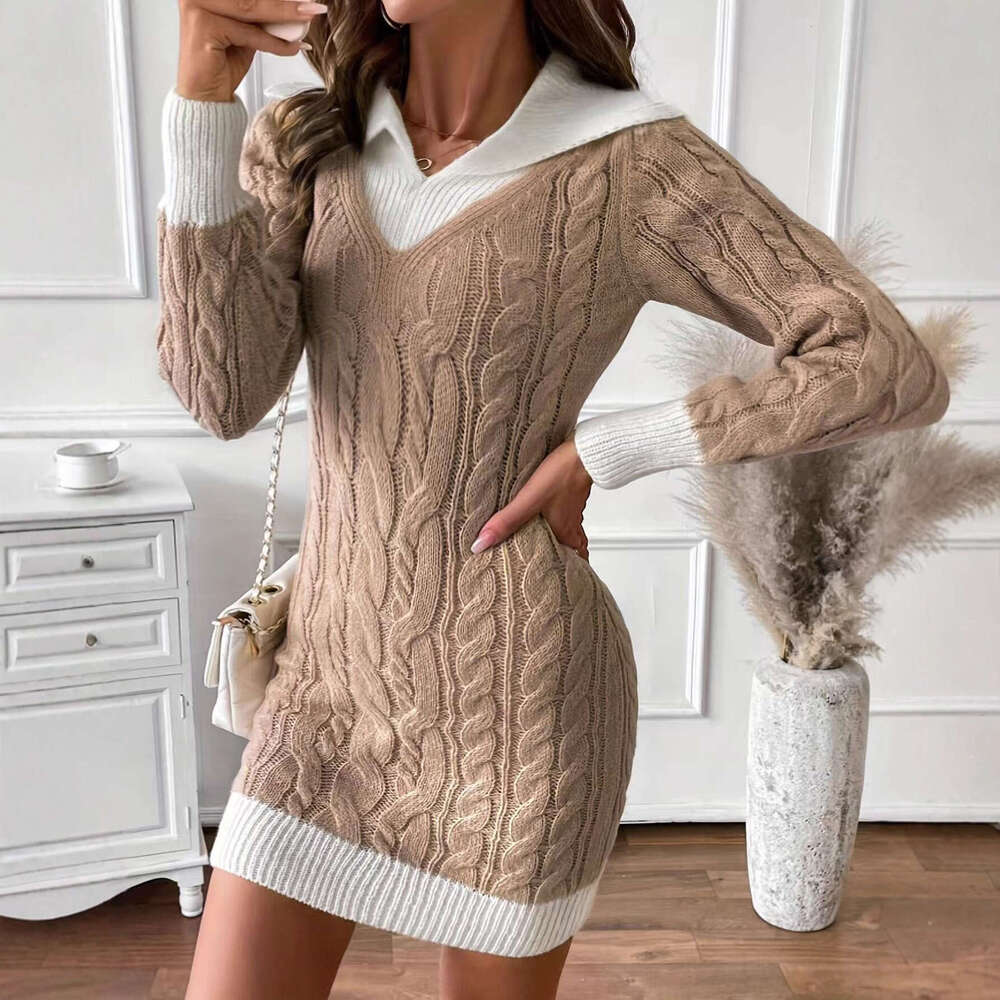 European and American Autumn Winter Long Sleeve Cable Knit Sweater 2026 Doll Collar Color Block Pullover Petite Knitted Short Dress