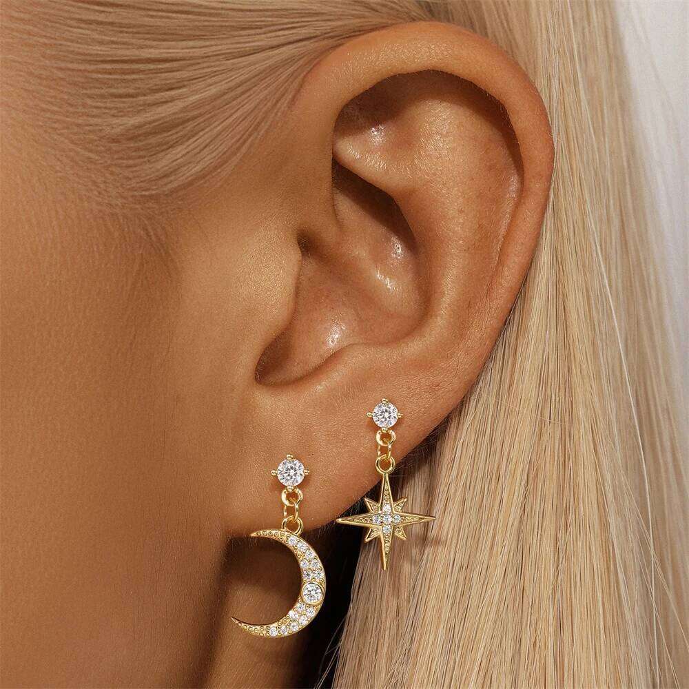 Aide 925 Sterling Silver Barbell Cute Auricular Bridge Earring Moon Star Zircon Transversal Women Body Piercing