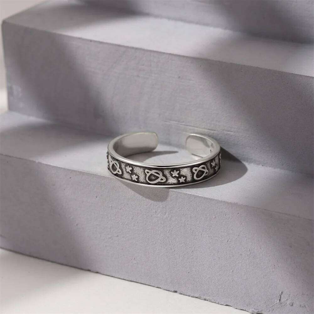 Aide Retro Black Punk Gothic Open Ring For Men 925 Sterling Silver Handmade Unisex Designer Jewel Accessories Anime Lovers Gift