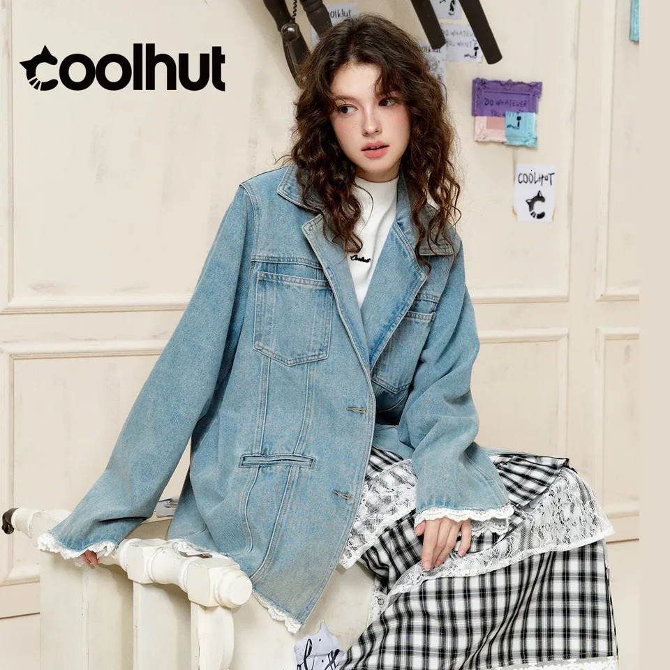 COOLHUT Lace Trim Patchwork Oversized Pocket Fall Womens Denim Jacket Autumn MidLength American Casual Vintage Outerwear 251231