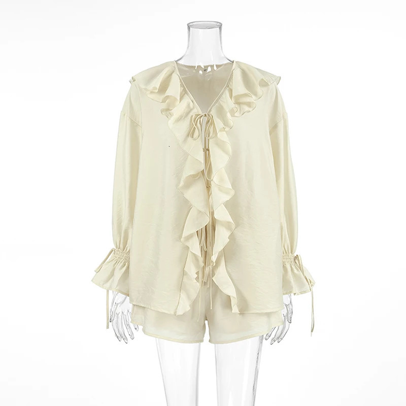 Tornova Womens Ruffled Shorts Sets V Neck Loose Lace Up Shirt Through Sexy Casual Female Spring Matching 251231