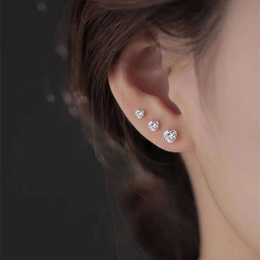 Aide 925 Sterling Silver 3pcs Set 3/4/5mm Multi Size Heart Zirconia Chic Stud Earrings For Women 18K Gold Simple Elegant Jewelry