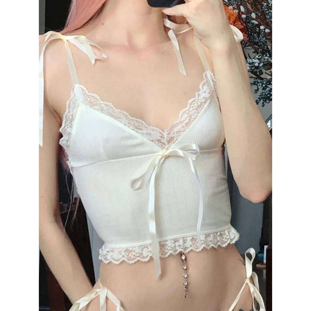 Lace Trim Crop Top Aesthetic White Bow Cute Sweet Mini Vest Knitted Basic Casual Tee Women Summer Backless Beach