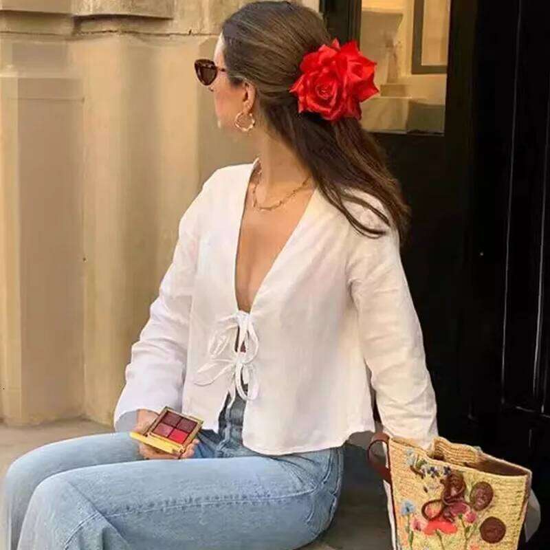 Autumn Deep Flared Top, Lace-up Shirt, Women's Sexy Hollow-out V-neck Long Sleeve T-shirt