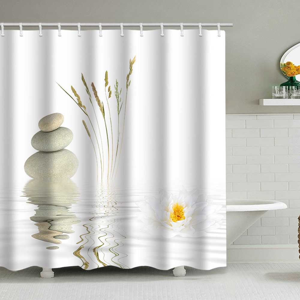 YL-38074 Shower Curtain Set: Wild Grass, Stones, Water Reflections, Printed Polyester Waterproof Shower Curtain, No Drill Required, with Hooks