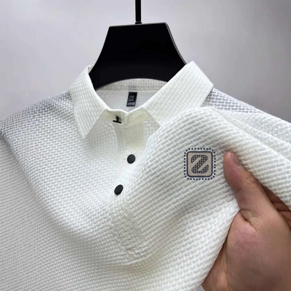 European and American INS Cross-Border High-End Mesh Ice Silk Short Sleeve T-Shirt Men's Shirt Collar Summer Solid Color Polo Breathable Lightwei