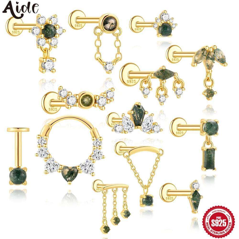 Aide 1pc 925 Sterling Silver Handmake Green Agate Piercing Stud for Women Chains Earrings Student Party Gifts Jewelry