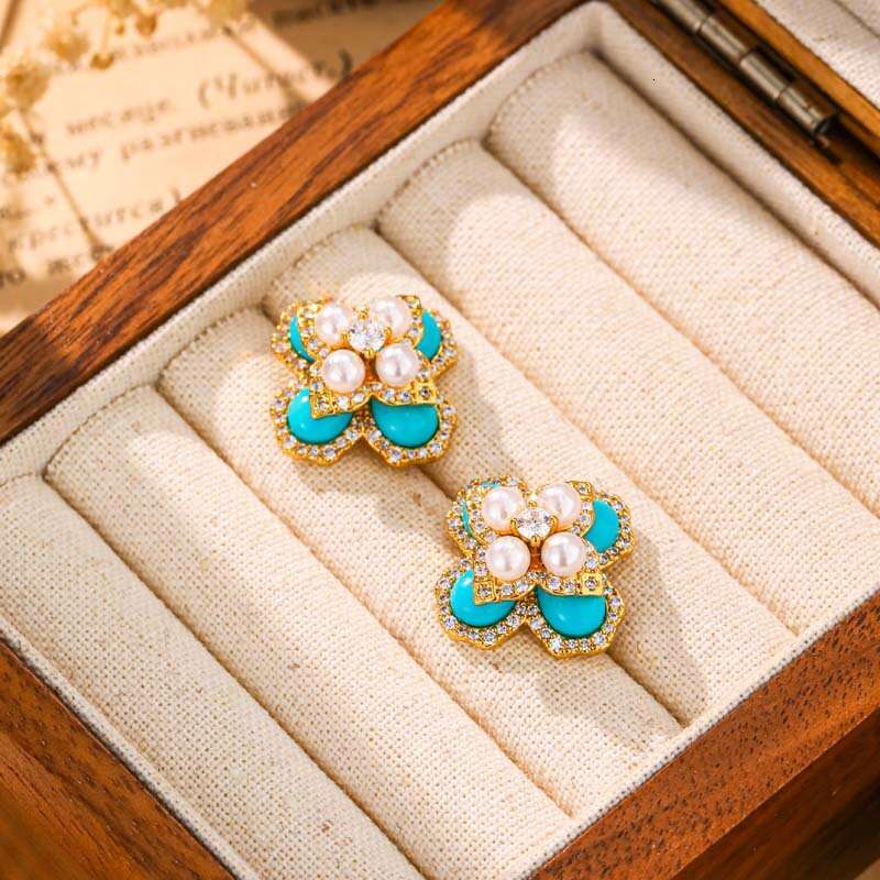New Chinese Style Blue Turquoise Pearl Stud Three-Dimensional Four-Leaf Flower for Women Niche High-End Elegant Fashion Earrings