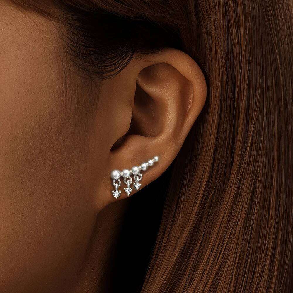 Aide 925 Sterling Silver Beading With Small Zirconia Pendient Piercing Stud Earrings For Women 18K Gold Simple Elegant Jewelry