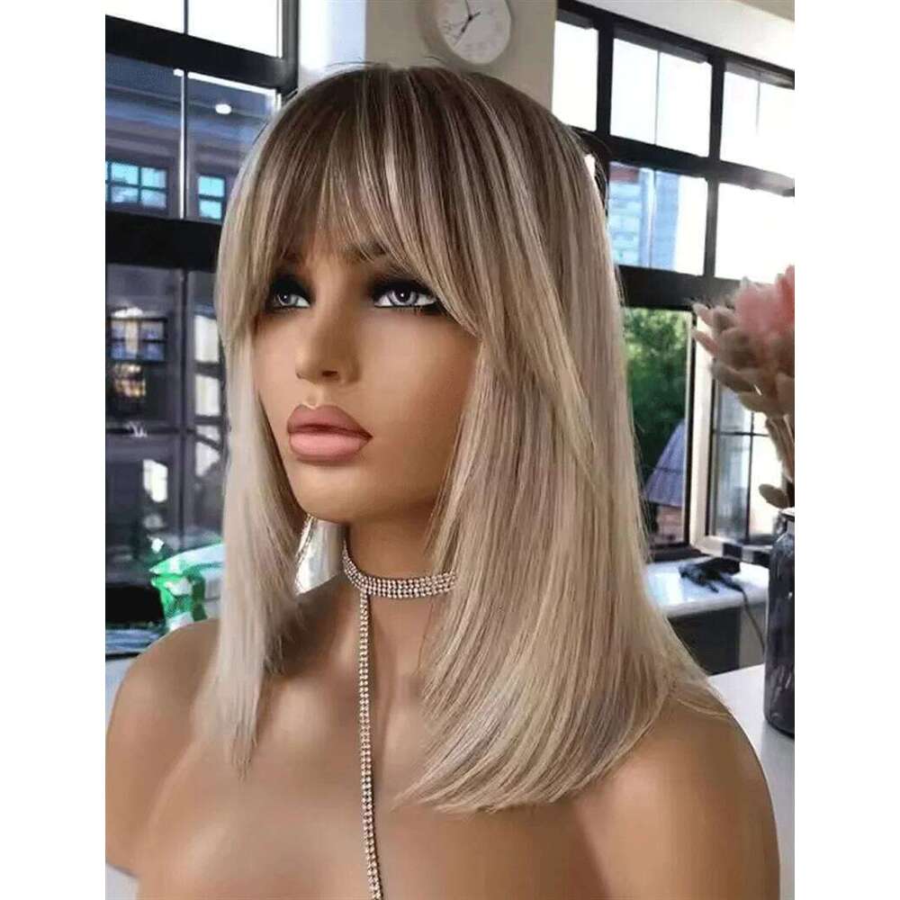 Layered Platinum Brown With Bangs Lace Front Wig Long Straight 16 Inches Synthetic Wigs For Women Daily Use