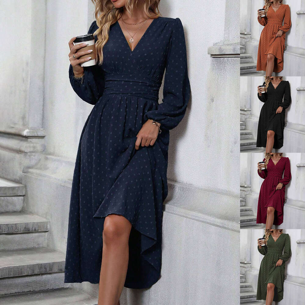 Autumn and Winter New Style Medium Pom-Pom Asymmetrical Neck Lantern Sleeve Ruched Waist Dress