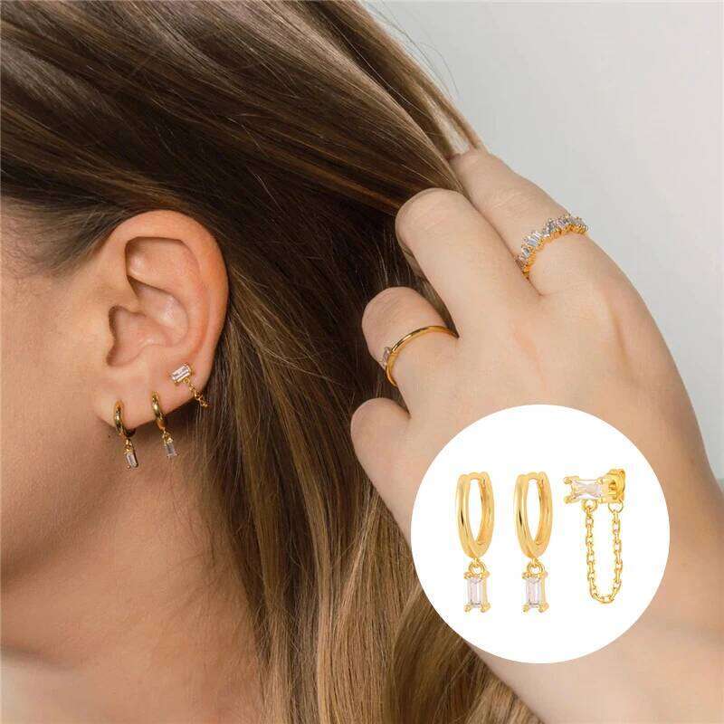 Aide White Zircon Flower Heart Set For Women Temperament Double Circle Blue Crystal Chain Tassel Piercing Stud Earrings