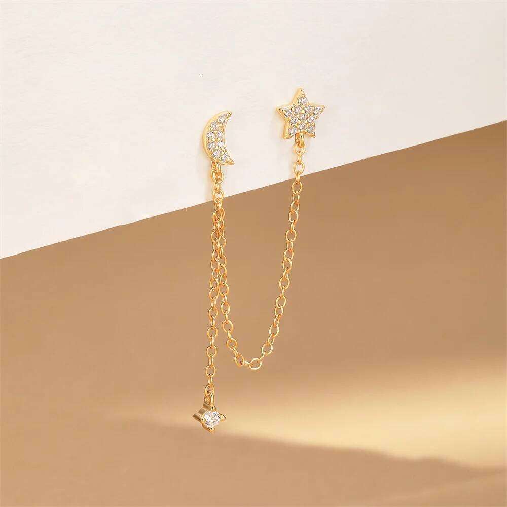 Aide 925 Sterling Silver Chain Tassel Star Hanging Double Studs Zircon Punk Earring Ear Clip Piercing Buckle Jewelry