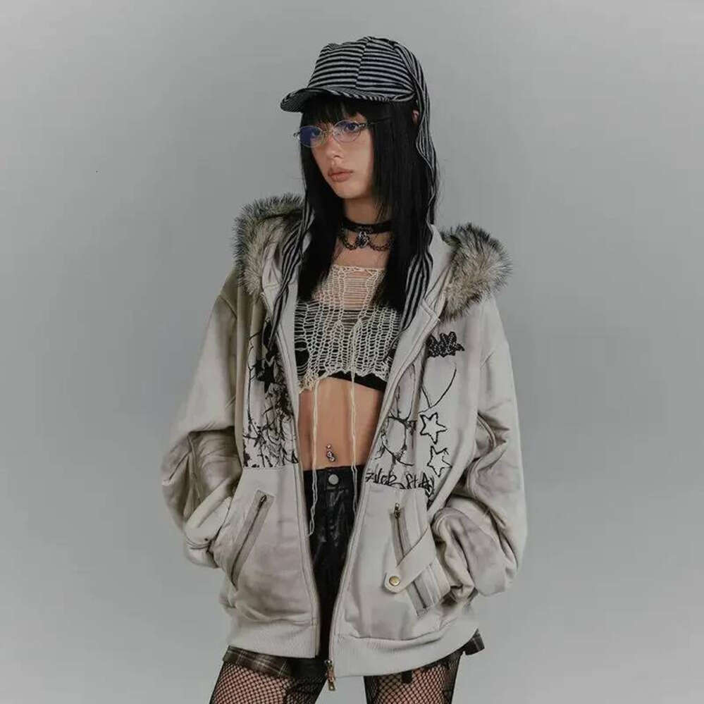 Zhehan American Retro Hoodie Women Gothic Simple Print Rabbit Ears Zipper Hooded Fur Collar Sweatshirt Fashionable Harajuku Jacket Tops