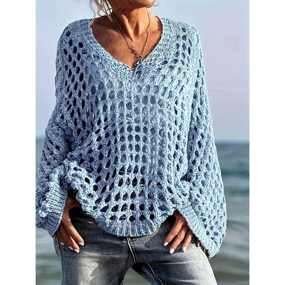 2025 New Sexy Hollow Sunscreen Vacation Knitted Shirt for Women Spring Summer Beach Cover-Up Top