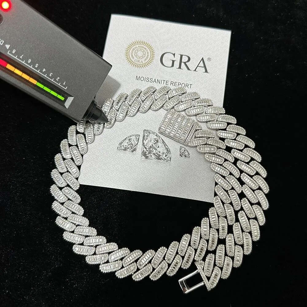 hip hop jewelry cuban link chain 15mm s925 silver fashion necklace iced out fully vvs baguette moissanite luxury diamond men necklaces