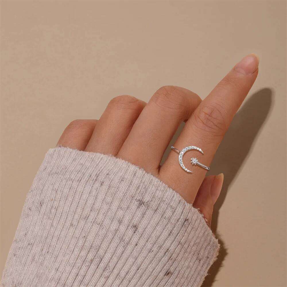 Aide S925 Sterling Silver Moon & Star Moissanite Open Ring Valentine's Day Gift Celestial Adjustable Finger Jewelry for Women