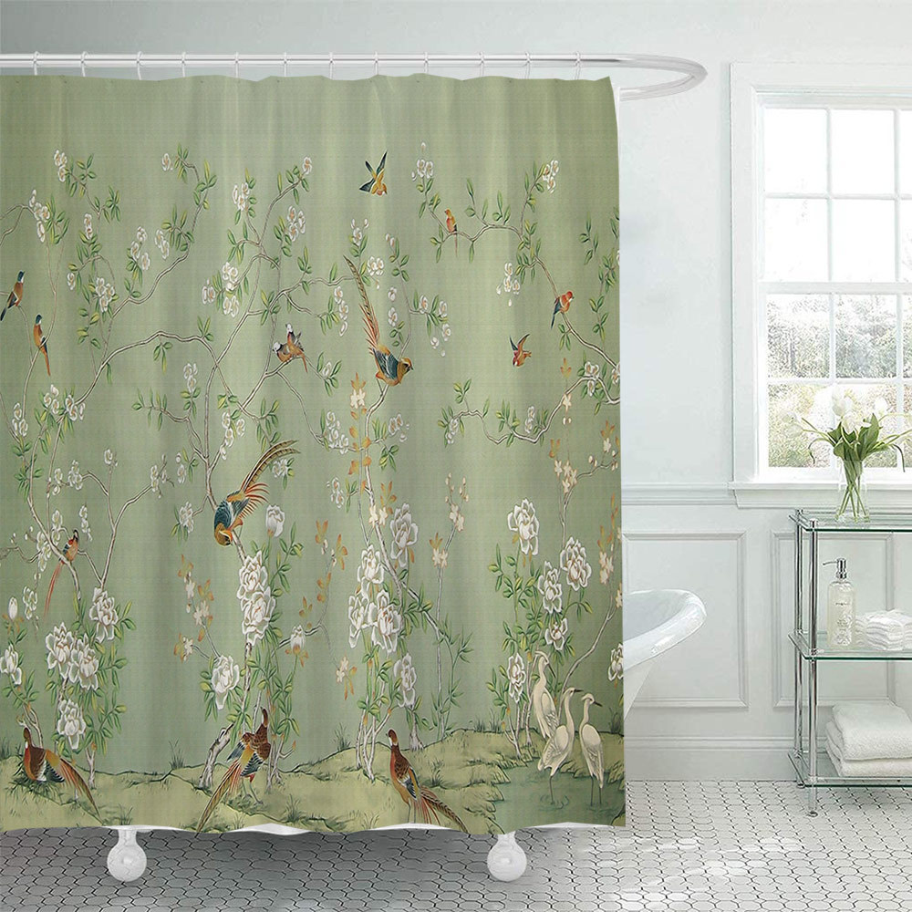 YL-38079 Shower Curtain Set with Wild Grass, Stones, and Water Reflections - Printed Polyester Waterproof Shower Curtain, No Drill Required, with Hook