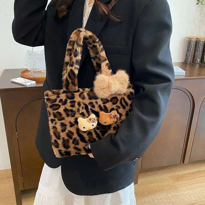 Leopard Print Hello Kitty Handbag Cute Retro Commuting Bag Cartoon Anime Peripheral Fashion Girl Birthday Gift Versatile Leisure