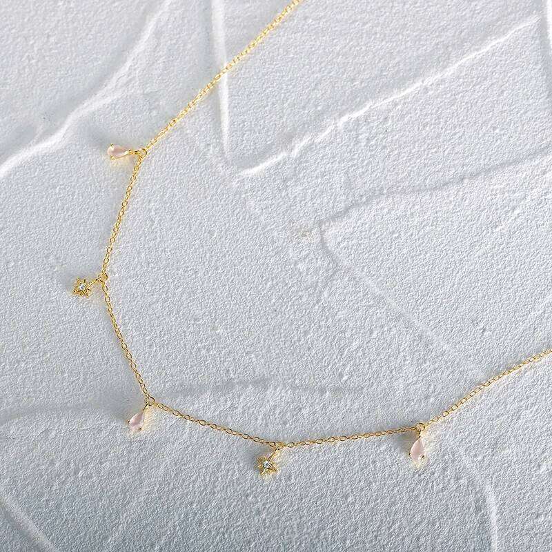 Aide 925 Sterling Silver Light Pink Water Drop Zircon Charms Necklaces For Women White Crystal Star Pendant Necklace Jewelry