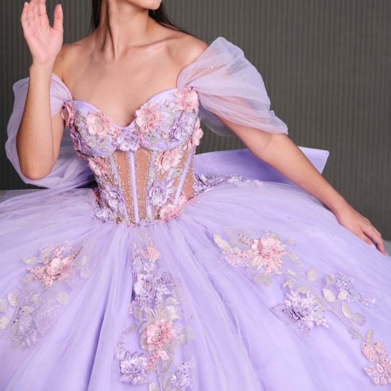 Lavender Quinceanera Dresses Off Shoulder Ball Gown Sweet 16 Dress Applique Flower Beading Crystal Bow Tull Birthday Party Vestidos 15 De Anos