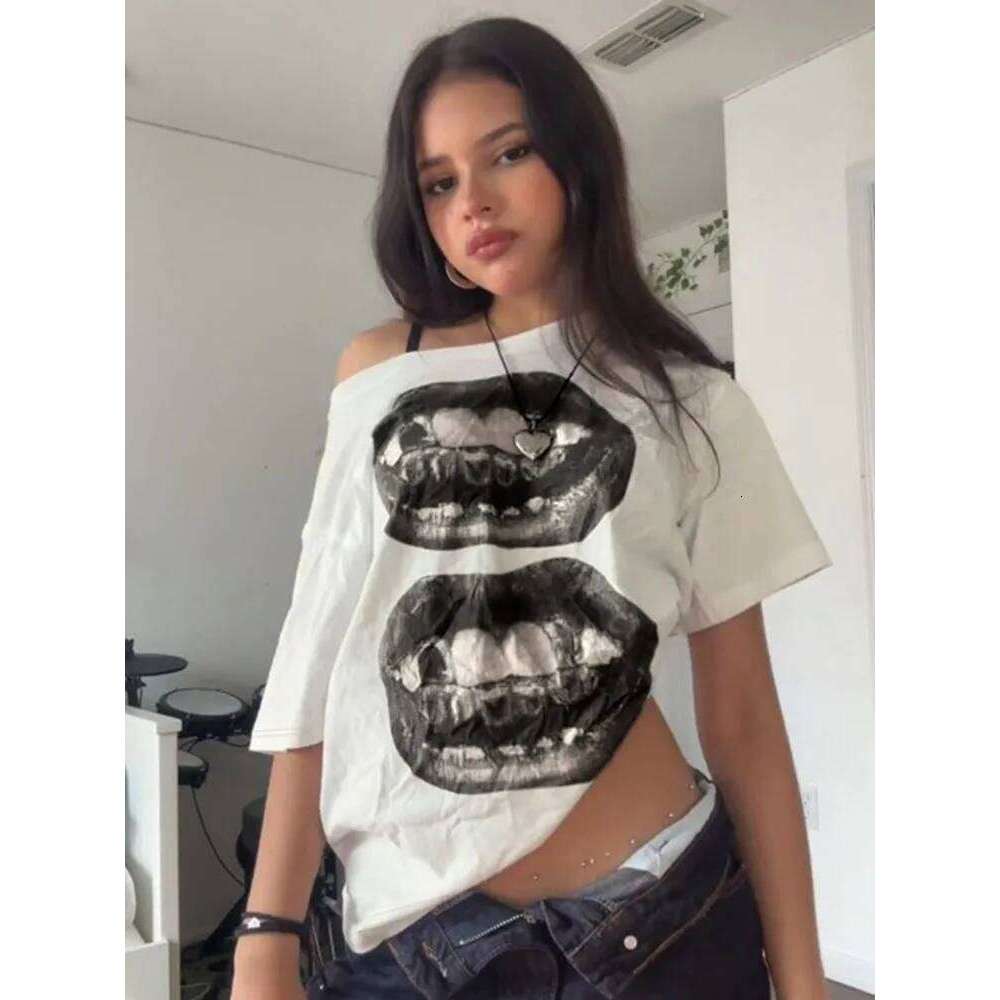 American Street Hip Hop Mouth Print Loose T-shirt Women Personalized Casual Top