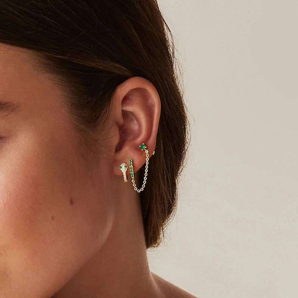Aide 1pc 925 Sterling Silver Double Hole Chain Tassel Earrings For Women Fresh Green White CZ Zircon Pave Circle Stud Earring