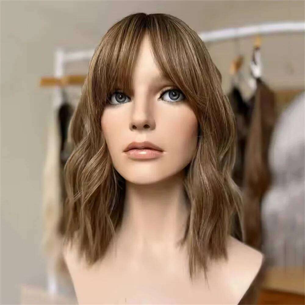 Chocolate Brown with Bangs Caramel Blonde Highlights 13x4 Lace Front Wigs Synthetic Glueless Wig Natural Wave Realistic