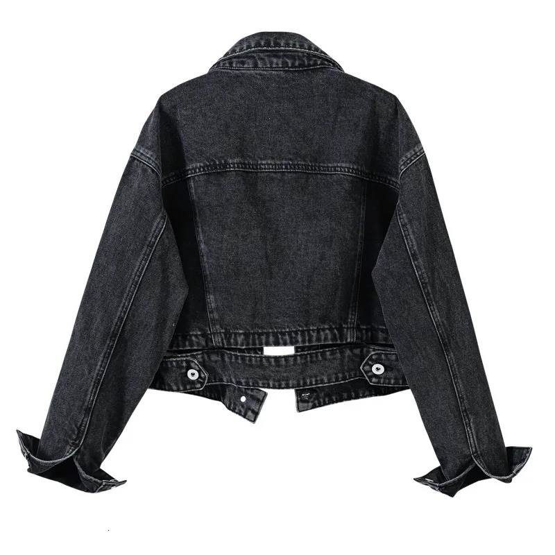 Womens Trendy Streetwear Spring Autumn Black Short Denim Jacket Coat Female Vintage High Waist Long Sleeve Jean Outerwear 251231