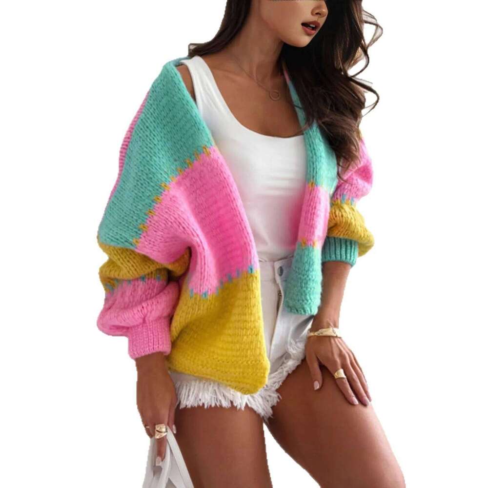 Fashionable Color Block Knitted Open 2026 Designer Fashion Cardigan Loose Casual V Neck Shoulder Drop Sleeve Women's Sweater Autumn Winter New Ar