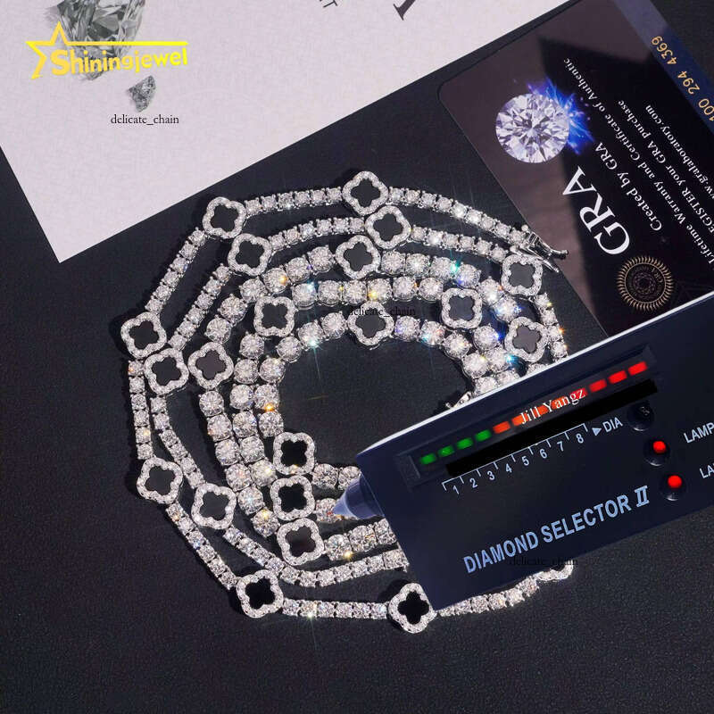 VVS Moissanite In Stock 3mm 5mm Black Onyx Clover Necklace Bracelet Tennis Chain Chalcedony 925 Sterling Silver