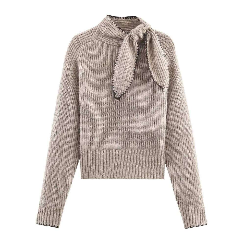 Winter New Sweet And Fashionable Stand Up Collar Long Sleeve Bow Decoration Knitted Sweater For Women