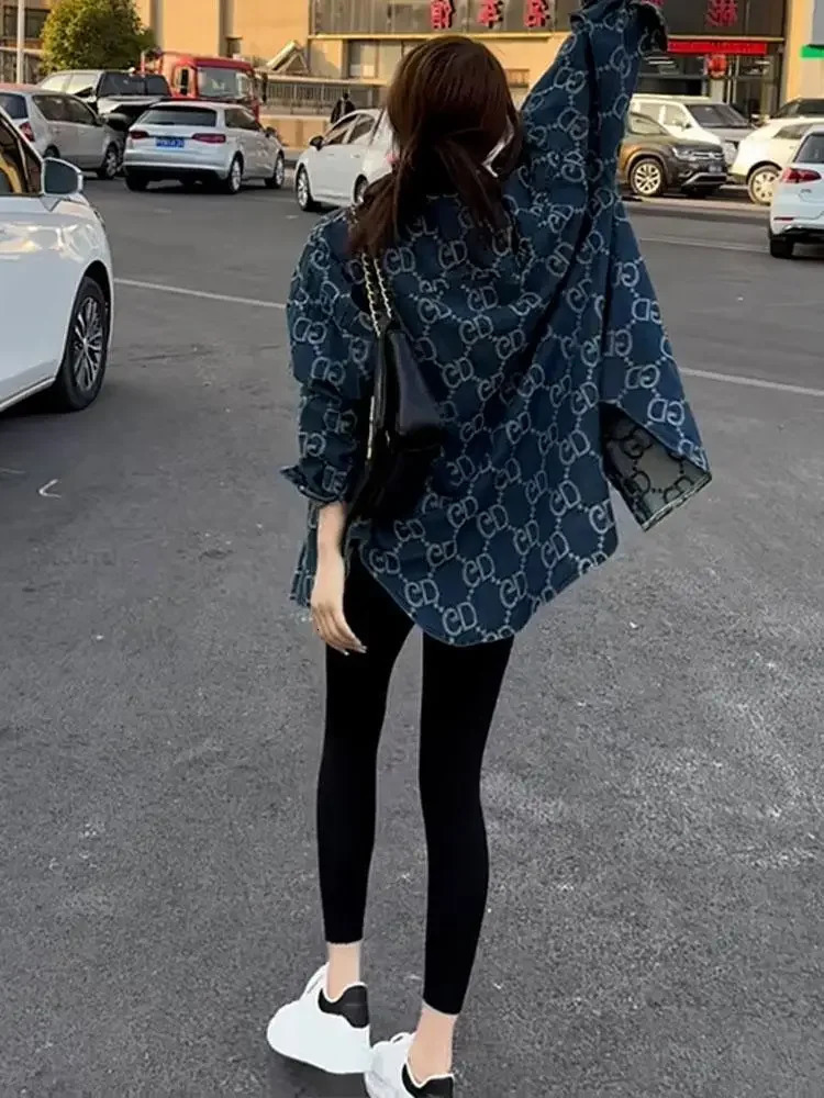 Spring Autumn Letter Print Denim Jacket Jean for Women Vintage Long Sleeve Jeans Coat Loose Tops Highend Shirts Chic 251231