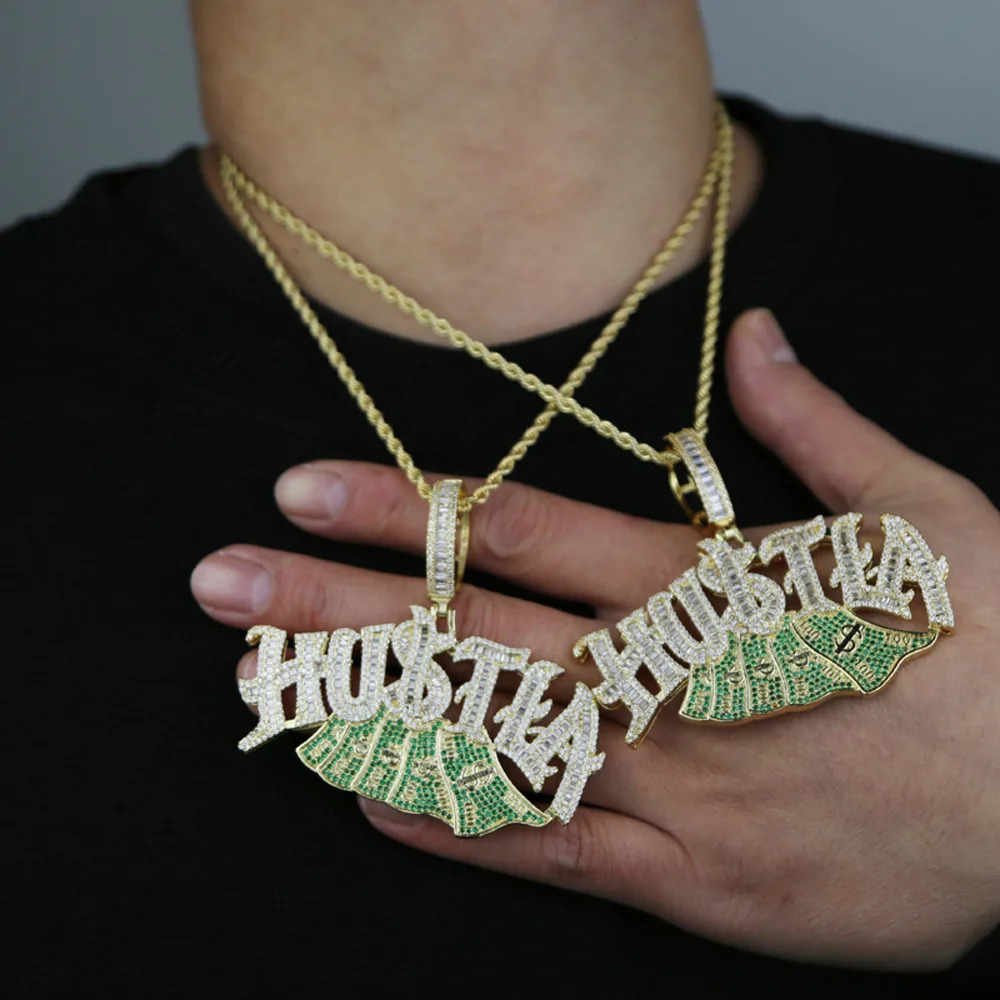Fashion Iced Out Bling Letter Hustla Pendant Necklace Gold Color Full CZ Zircon Money Charm Men Fashion Hiphop Jewelry 251230