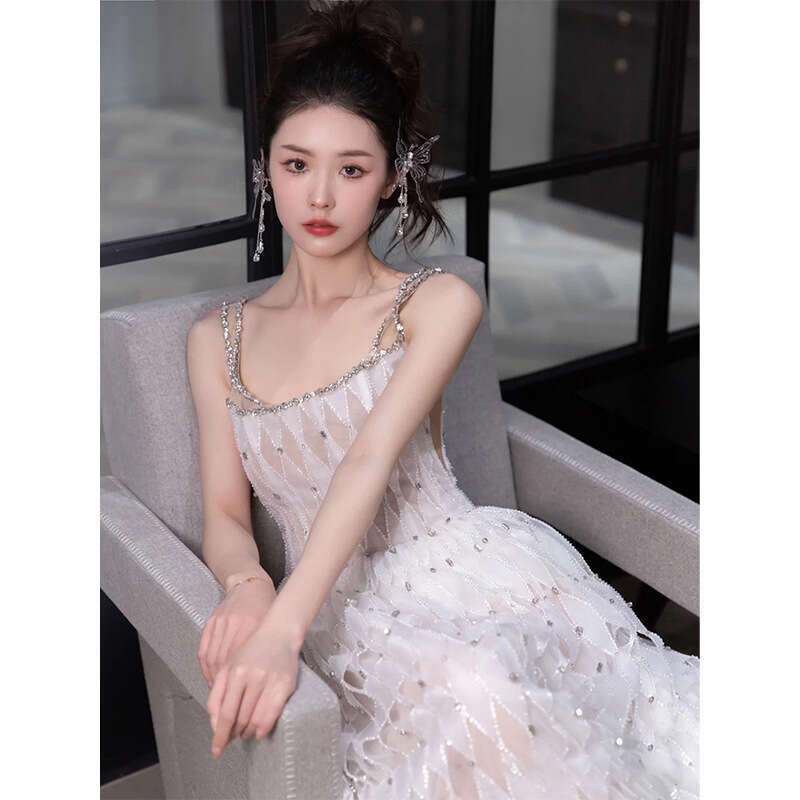 Light Wedding Heavy Craft Spaghetti Strap High End French Super Fairy Morning Gown Going Out Gauze Sequin Celebrity Same Style Banquet Dress Women S L