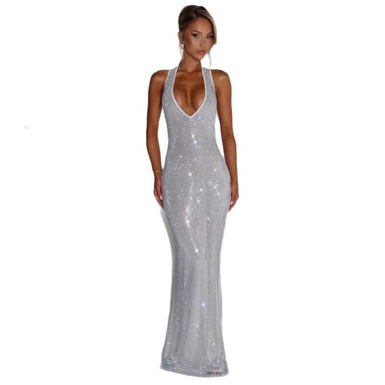 Sexy Deep V Sleeveless Halter for Women 2025 Summer New Elegant Sequin Backless Waist-Cinching Bodycon Dress