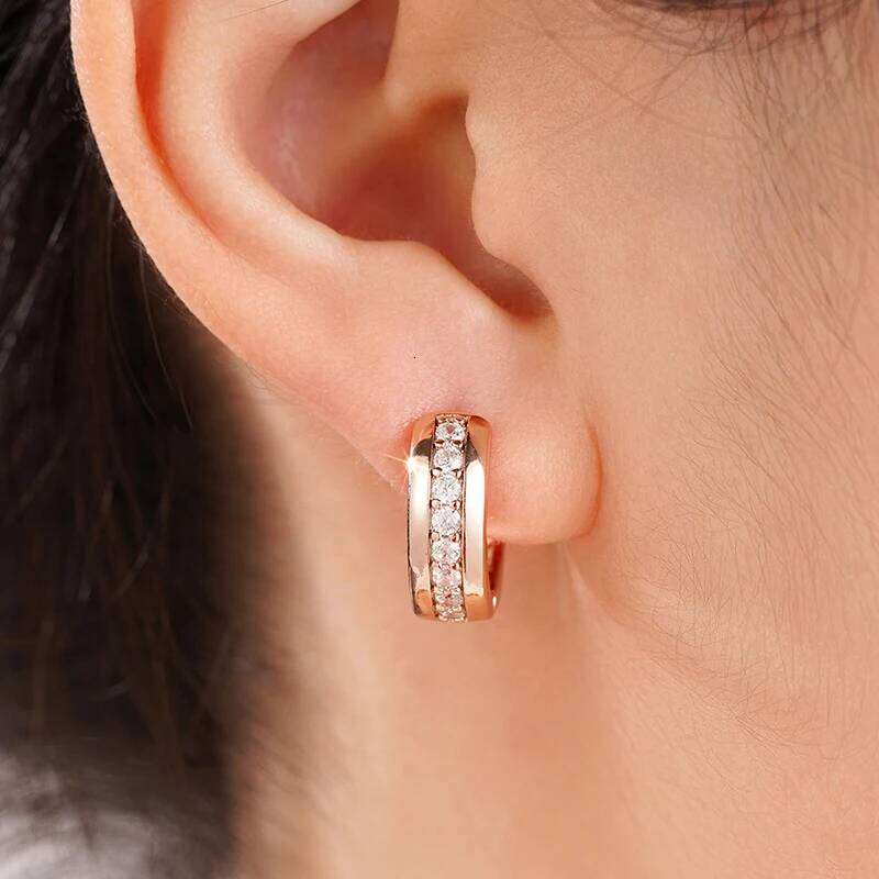 Huitan New Rose Gold Color Hoop with One Line CZ Temperament Women's Circle Earrings Hollow Pattern Statement Jewelry