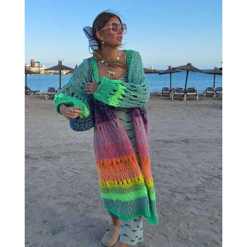 Boho Colorful 2026 Designer Fashion Luxuriously Handknit Bell Sleeve Crochet Loose Kimono Cardigan Women Fall Winter Coat Beach Coverup Dress K12