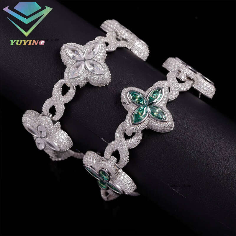 Jewelry Clover Green Diamond 925 Sterling Silver Gold Plated Cuban VVS Moissanite Bracelet with GRA Certificate