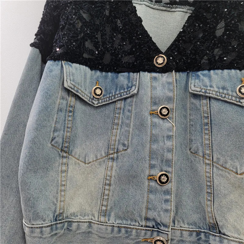DEAT Womens Denim Jackets Vneck Patchwork Sequins Long Sleeve Perspective Shoulder Coats Summer Fashion 29A968 251229