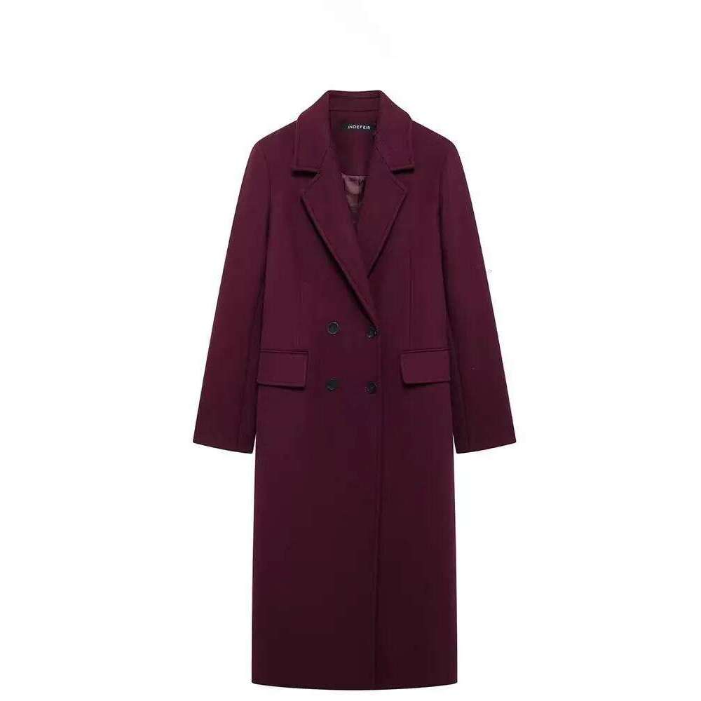 HH Women Fashion Burgundy Coat Double Breasted Long Sleeve Lapel Blends Jacket Autumn Winter High Street Outerwear