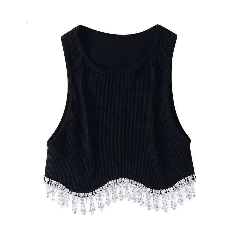 High Street Sexy Hem Tassel Diamond Beading Knitting T Shirt Chic Short Camis Tank Lady Slim Crop Vest Tops