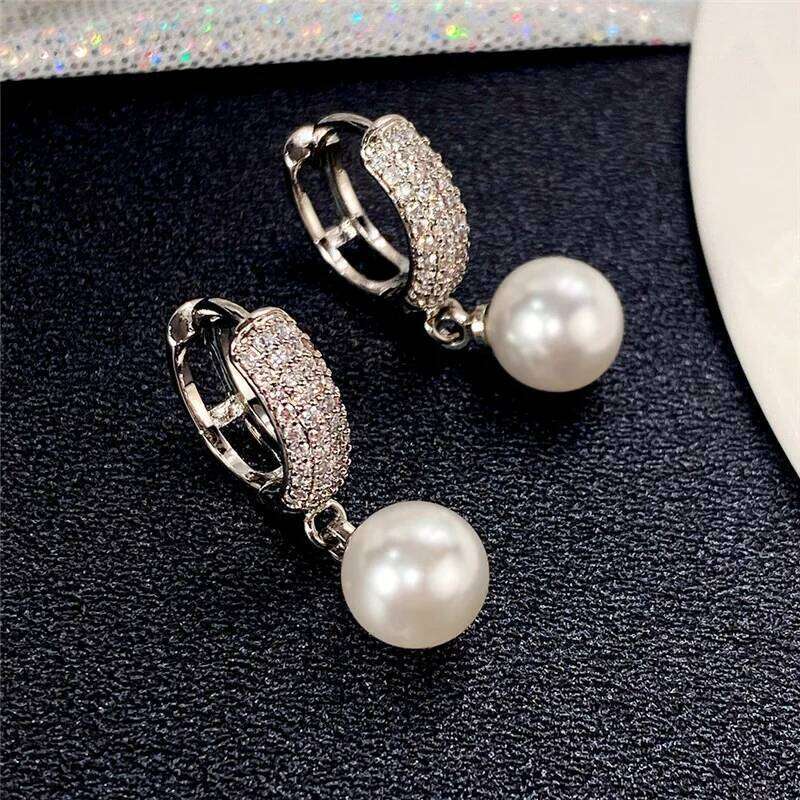 Huitan Fashion Hoop Earrings with Simulated Pearl Pendant for Women Inlay Shiny CZ Stone Luxury Engagement Wedding Trend Jewelry