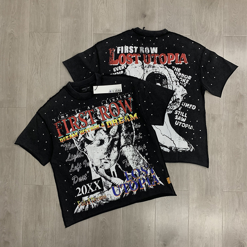 first row Y2K Tribal Crop Mens American Fashion Trend Designer Shirt with Rhinestone Detailing High Quality Hip Hop Tee