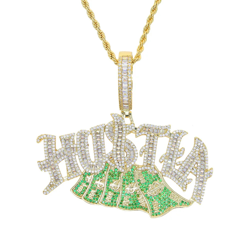 Fashion Iced Out Bling Letter Hustla Pendant Necklace Gold Color Full CZ Zircon Money Charm Men Fashion Hiphop Jewelry 251230