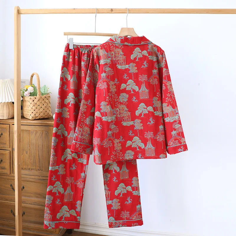 Spring and Autumn Womens Pajama Set 100 Cotton Retro Color Woven Home Clothes Long Sleeve Pants Two Piece 251231